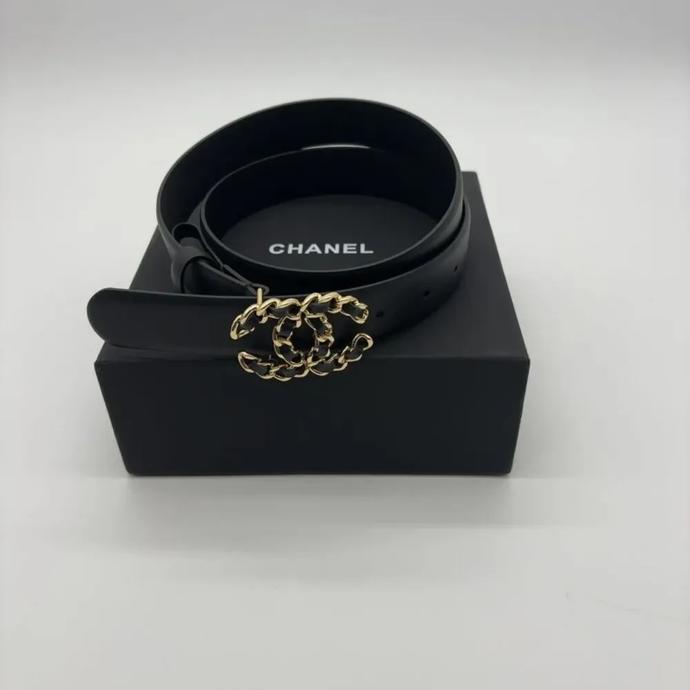 Chanel Black Leather Belt Interwoven Chain CC Buckle